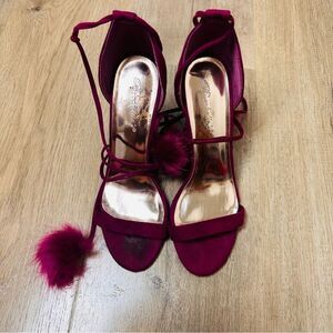 EUC ANGL Breckelles Burgundy Fluffy Pom Pom Heels 7